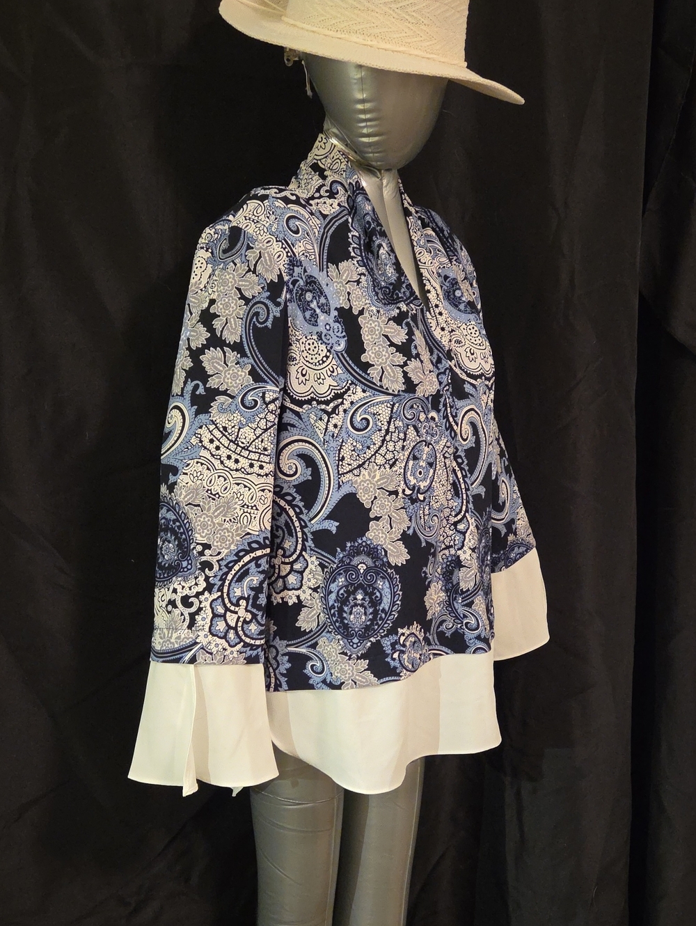 Joseph Ribkoff Navy and White Paisley Ruffle Blouse